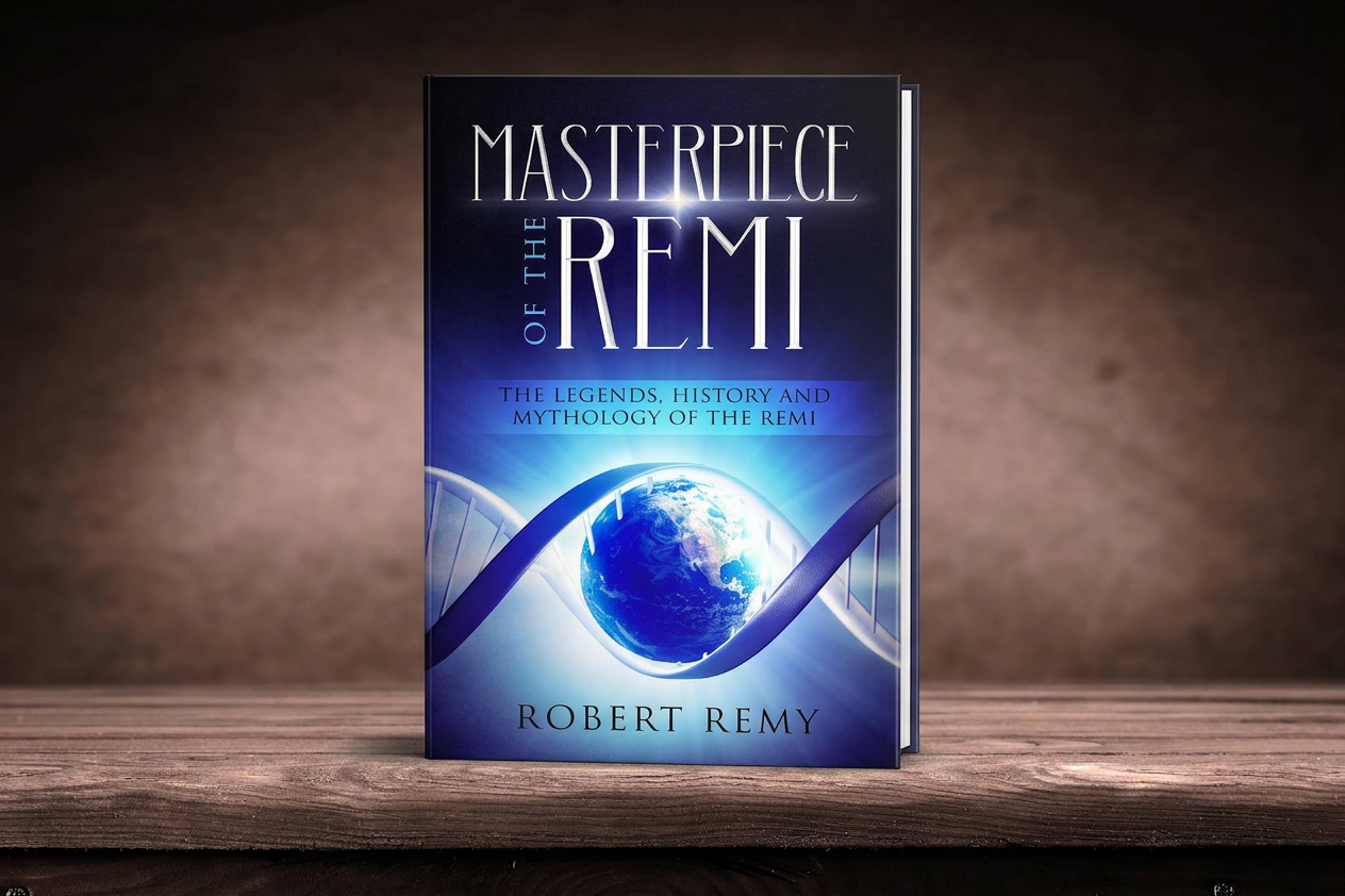 Book titled 'Masterpiece of the Remi' by Robert Remy, featuring a blue and white cover design with an image of the Earth and a stylized graphic element resembling DNA.
